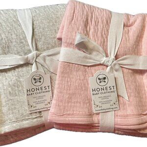 Two HonestBaby Organic Cotton Matelasses Light Gray and Pink Receiving Blankets
